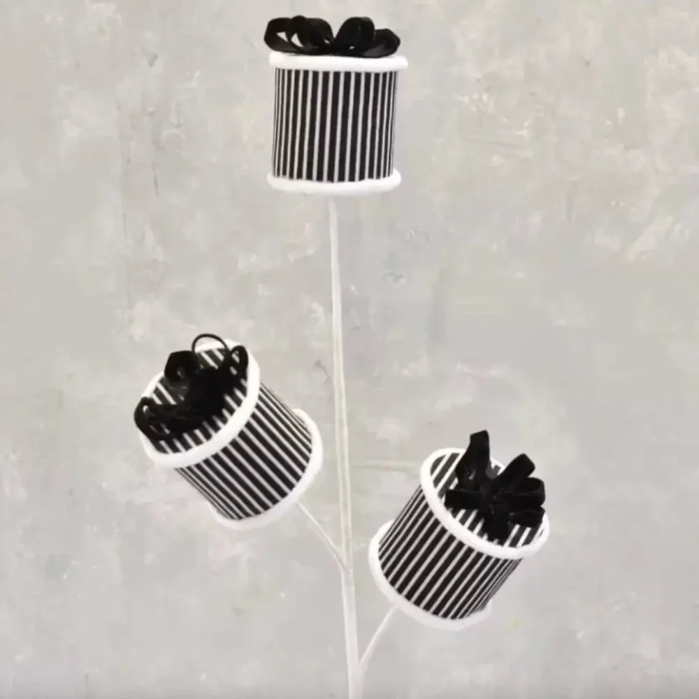 Black and White Striped Round Present Packages Spray Stem Christmas Pick